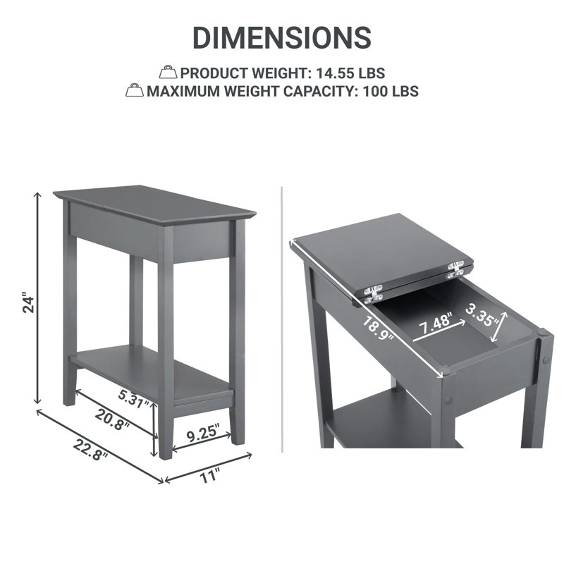Table de bout de rangement Thasnim avec compartiment rabattable et tablette ouverte, table d'appoint étroite pour petits espaces, table de chevet moderne pour chambre à coucher, salon, vestibule - Organisateur compact