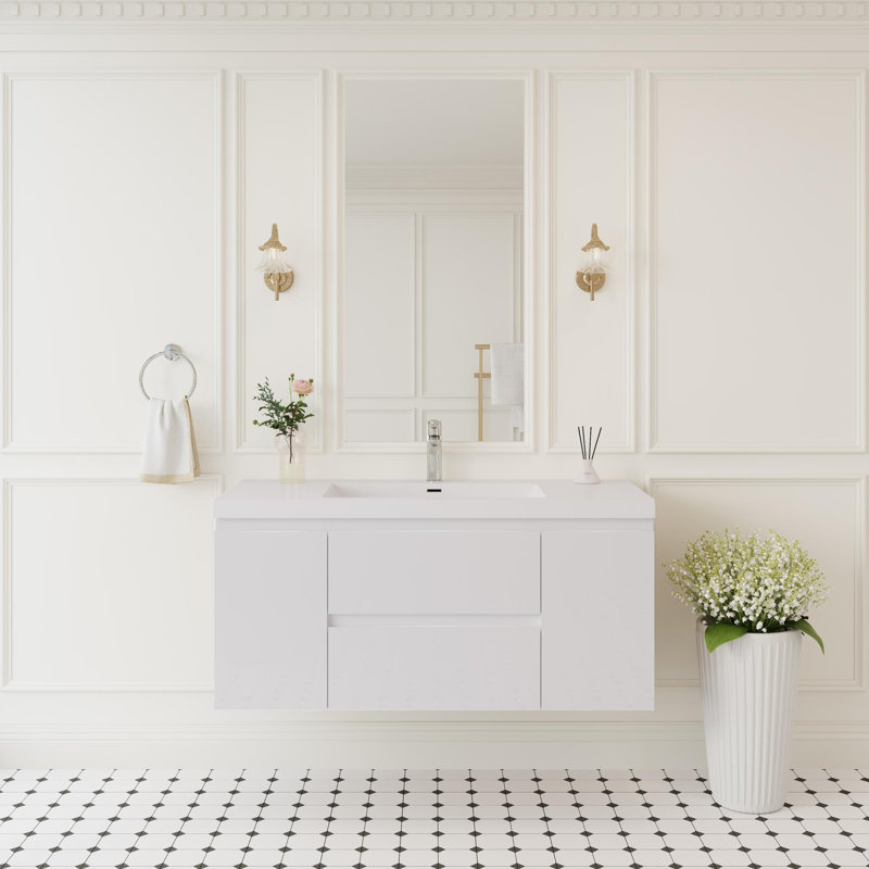 Meuble-lavabo flottant moderne de 48 pouces, Blanc lustré, 48"