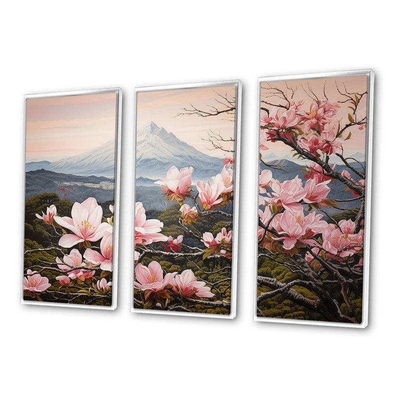 «Magnolias Charm In Mountain Scenery» - Ensemble de décorations murales Magnolias, Cadre flottant blanc