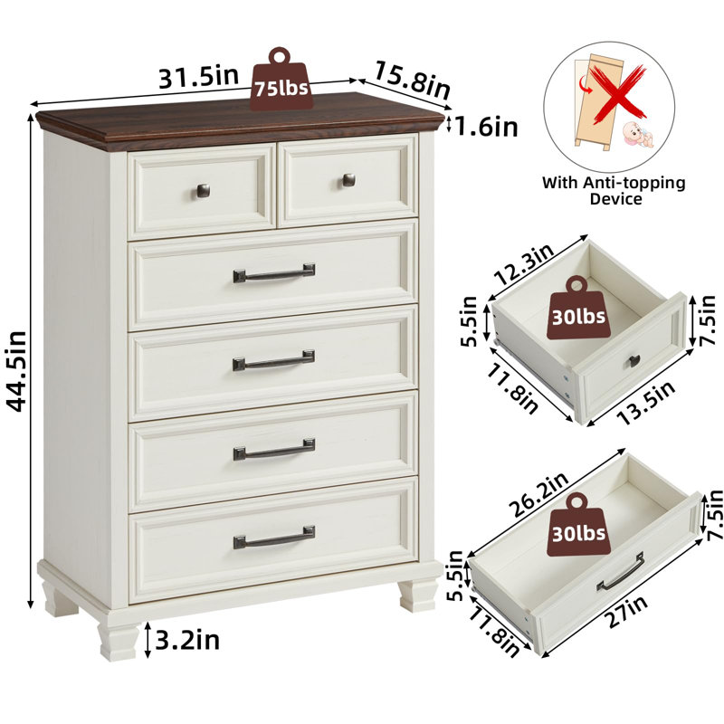 Farmhouse 6 Drawer Dresser for Bedroom, 45 Inch Tall Vintage Wood Chest of Drawers, Rustic Dressers w/Square Wooden Legs, Mid-Century Storage Organizer for Living Room, Hallway (White)