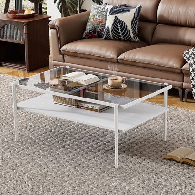 Table basse rectangulaire avec plateau en verre trempé gris et pieds blancs, table moderne pour le salon