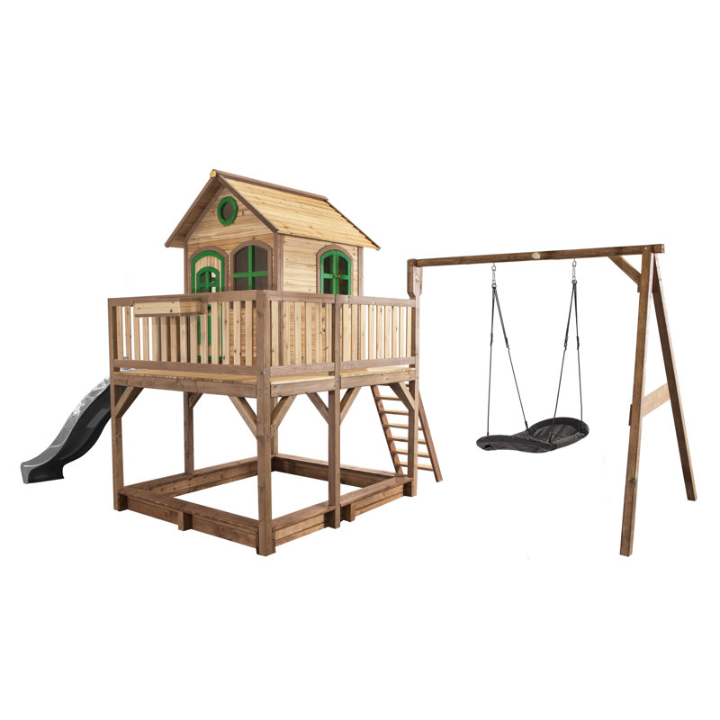 AXI 613cm W x 277cm D Outdoor Hemlock Wood Playhouse, Brown/Green/Grey