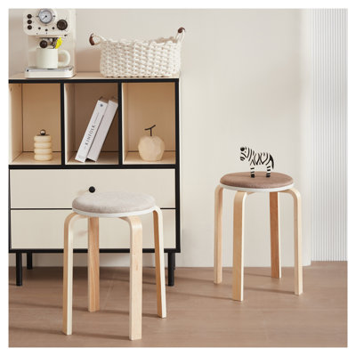 Ensemble de 4 tabourets empilables avec sièges rembourrés - Chaises rondes en bois massif sans dossier pour la salle à manger, la cuisine et la salle de classe