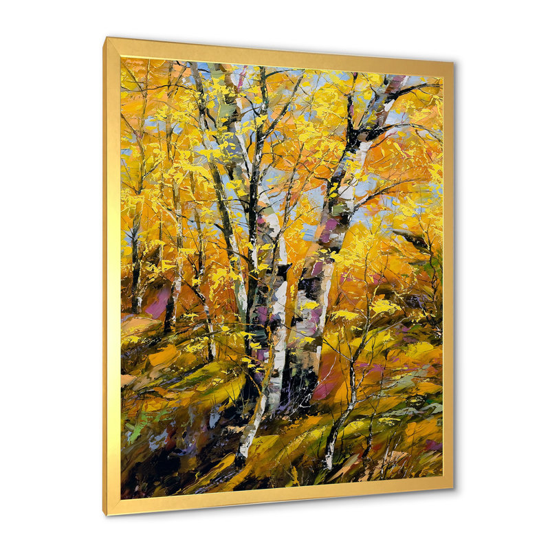 Bouleaux en bois d'automne jaune - peinture sur toile, H 20 po x l 12 po x P 1po, Cadre doré