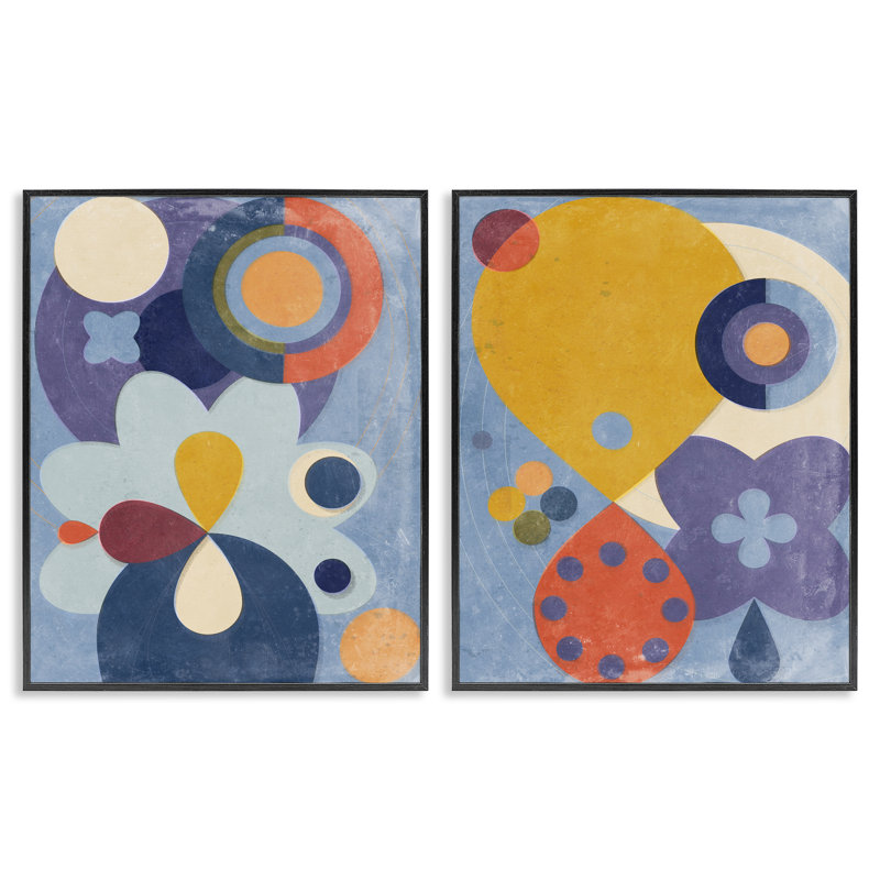  Ensemble de 2 estampes rétro sur bleu par Victoria Barnes, H 30 po x l 24 po, Giclée encadrée noir minuit