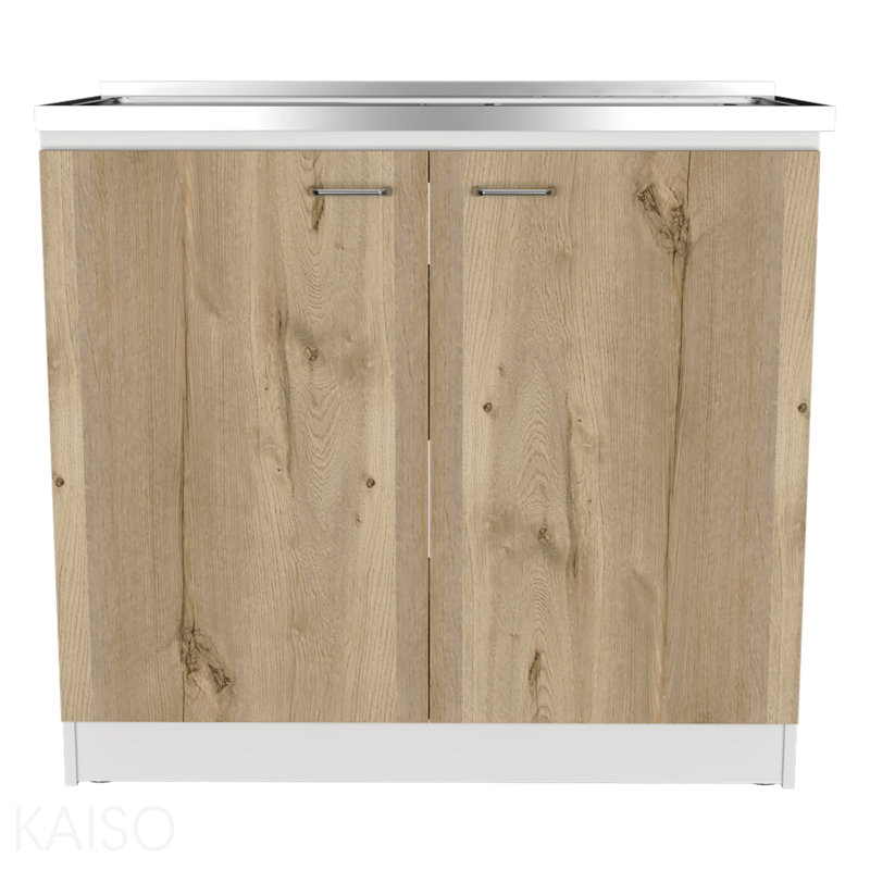 White And Light Oak Rectangle 2-Door Utility Sink And Cabinet, White/Beige
