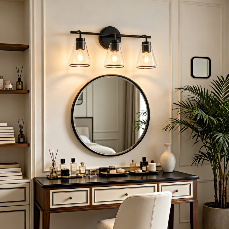 Éclairage pour meuble-lavabo à intensité variable noir mat avec abat-jour en verre conique, 3