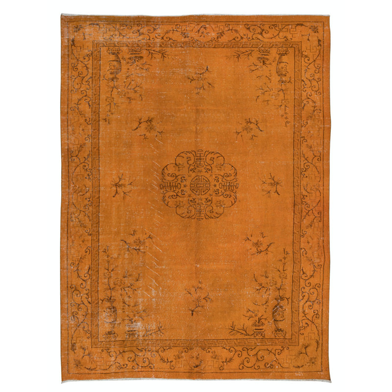 Tapis art déco floral 6,7 x 9 pi, laine et coton faits à la main orange