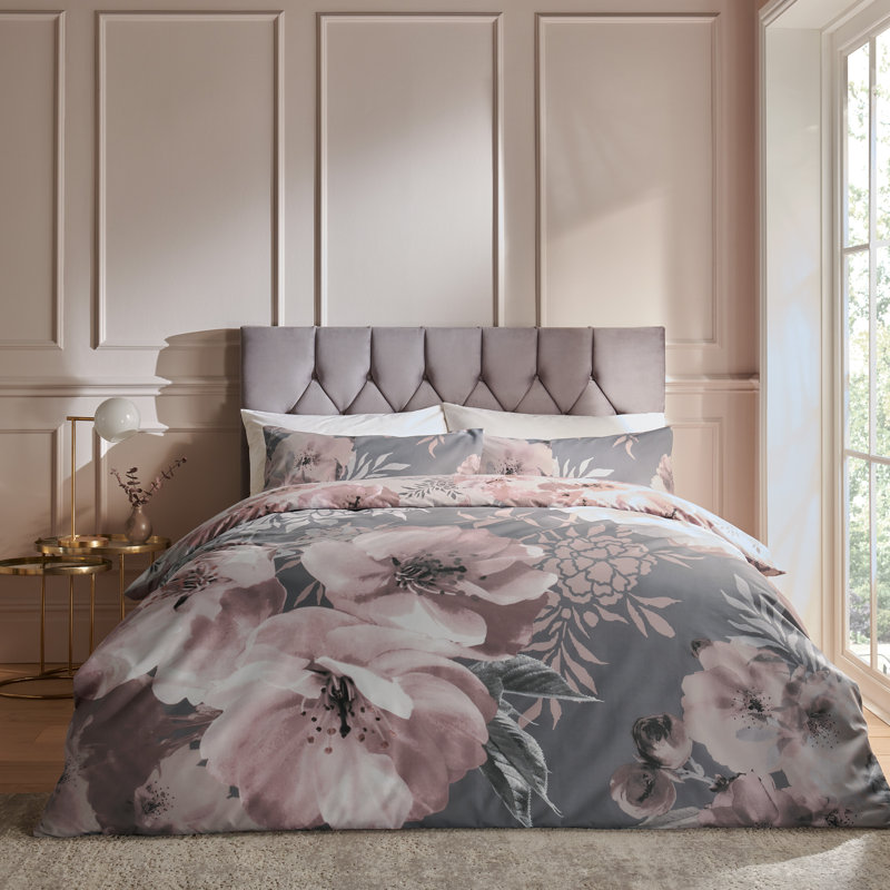 Dramatic Floral Reversible Duvet Cover Set with Pillowcases, Single - 1 Standard Pillowcase, Grey