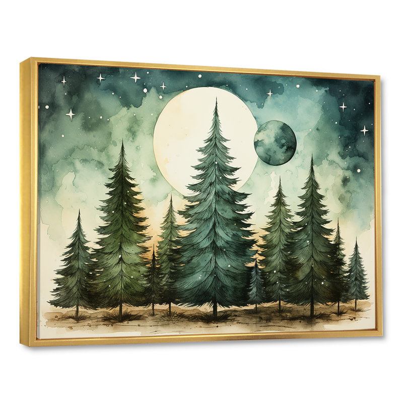 Minimalisme, arbre de Noël forêt II - pin, art mural, Cadre flottant doré, H 34 po x l 44 po x P 1,5 po