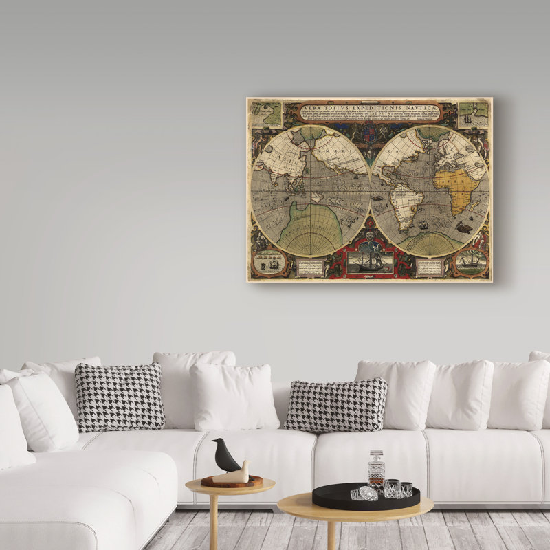 « map of the world 1595 », publicité sur toile tendue, H 18 po x l 24 po x P 2 po