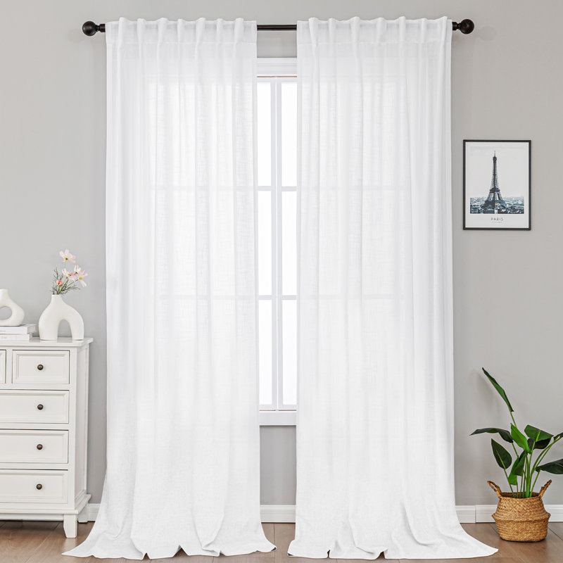 Paire de rideaux semi-transparents en lin mélangé Toyoko, L 52 po x L 108 po, Blanc