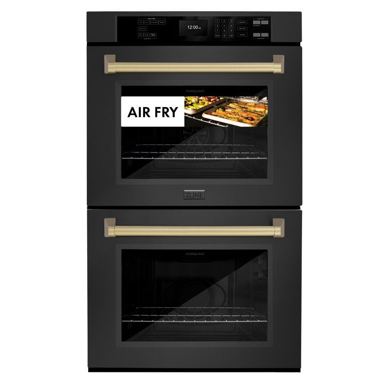 ZLINE 30 in. Autograph Double Wall Oven w/ Air Fry and Self Clean w/ Black Handles, Champagne Bronze, Black Stainless Steel