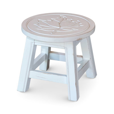 Antique White Wooden Step Stool - With Maple Leaf Pattern Made From Rubberwood For And Home 10" Height, 11" Diameter Design Of Decorative Use 10 Inch High, 11