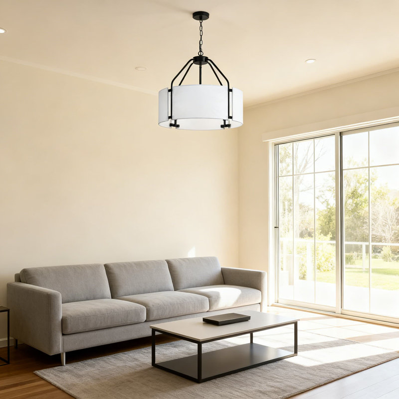 Luminaire suspendu moderne en forme de tambour avec abat-jour en lin blanc, chaîne de suspension réglable pour la salle à manger, la cuisine, la chambre à coucher, le salon, l'entrée