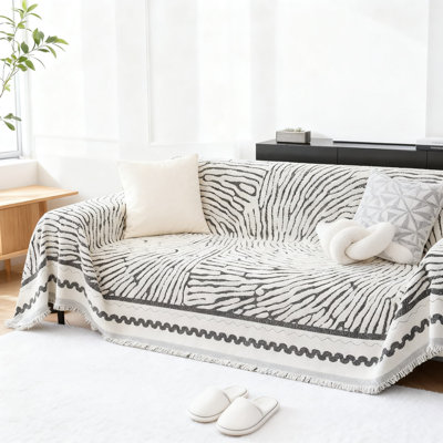 Chenille Sofa Slipcover With Anti-Slip Protection, Soft Striped Couch Cover For Sectional And L-Shaped Couches, Reversible Decorative Furniture Protector For Pets And Families
