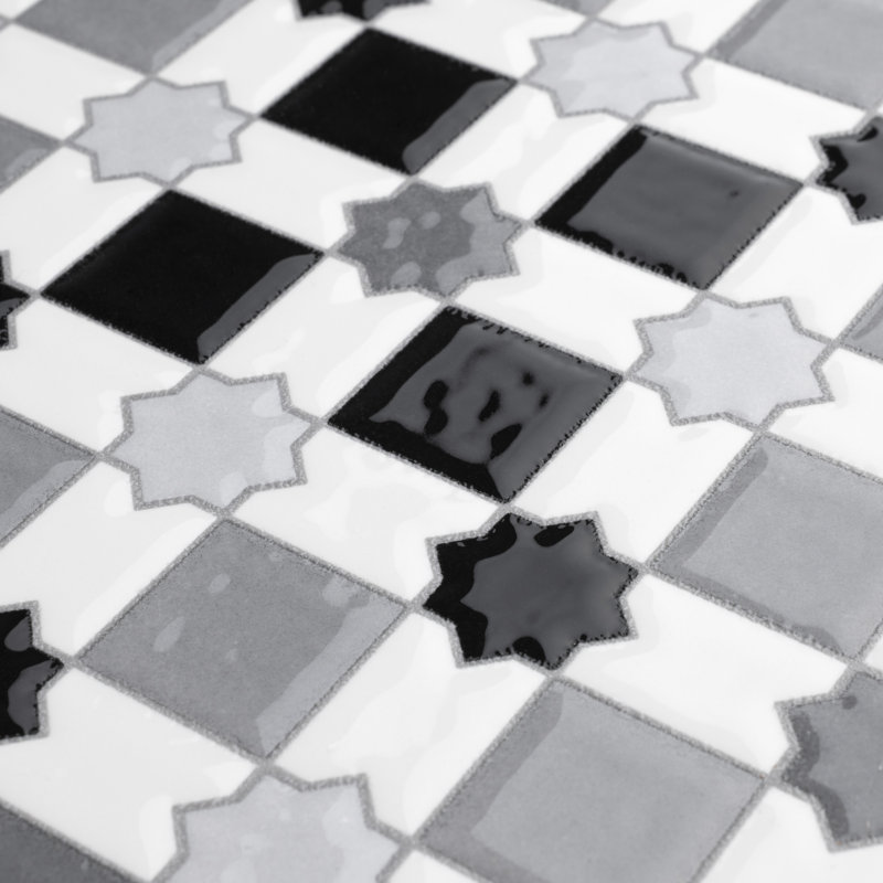 Sevillano Giralda 8" x 8" Ceramic Patterned Wall Tile, Light Gray/White