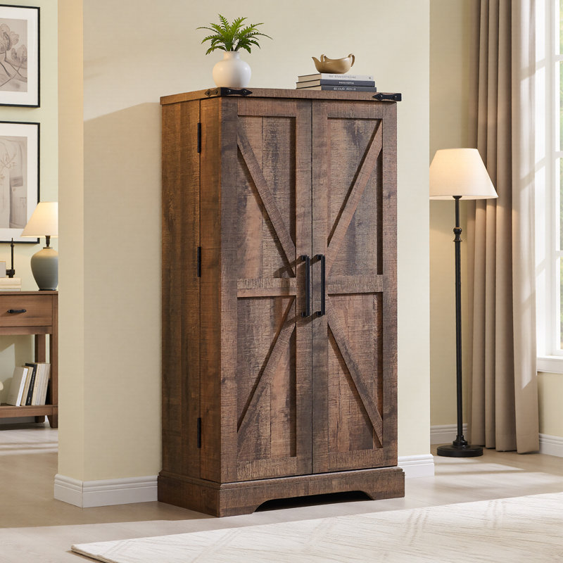 Farmhouse Kitchen Pantry with 10 Door Shelves ,Wood Storage Pantry Cabinet with Magnetic Barn Doors & Adjustable Shelves