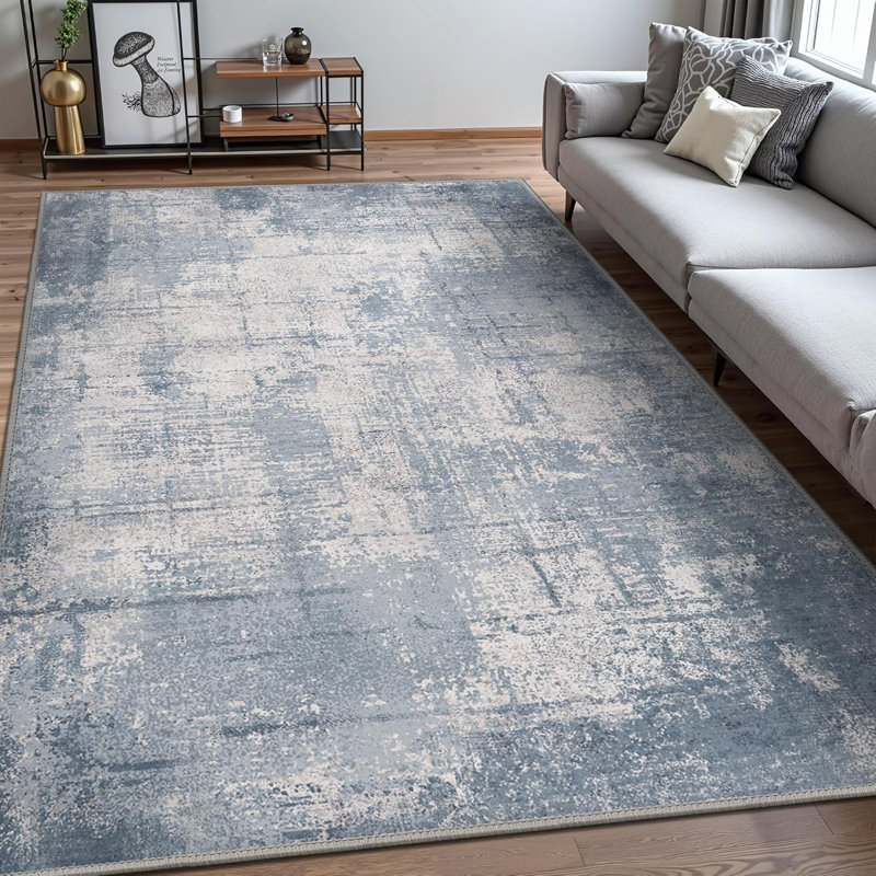 8X10 Machine Washable Area Rug Non-Slip Low Pile Abstract Blue Soft Carpet For Living Room Bedroom