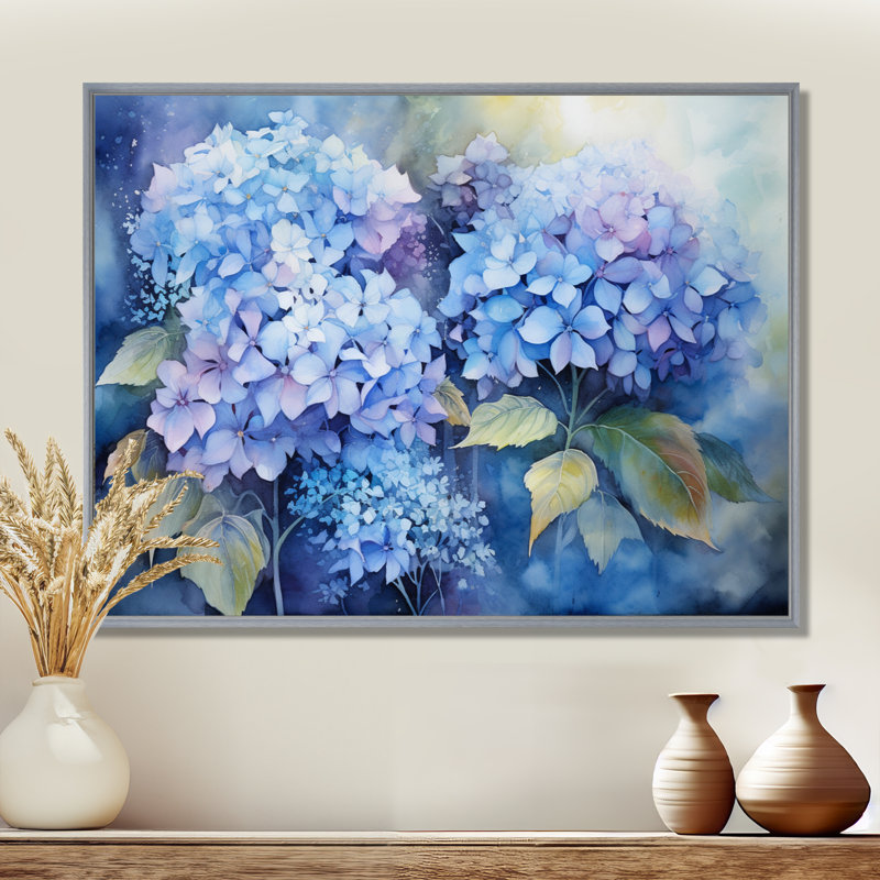 «Blue Hydrangea Farmhouse Still Life I - Hydrangea», art mural, H 16 po x l 32 po x P 1 po, Encadrement argenté
