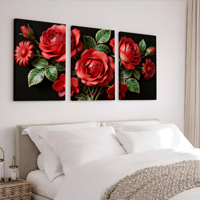 Ensemble de 3 toiles murales à motifs floraux de roses rouges