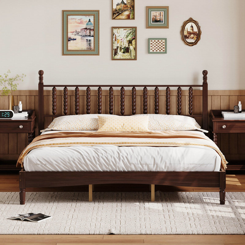 Massias Retro Wood Platform Bed with Gourd-Shaped Headboard and Wooden Slat Support, Full, Walnut