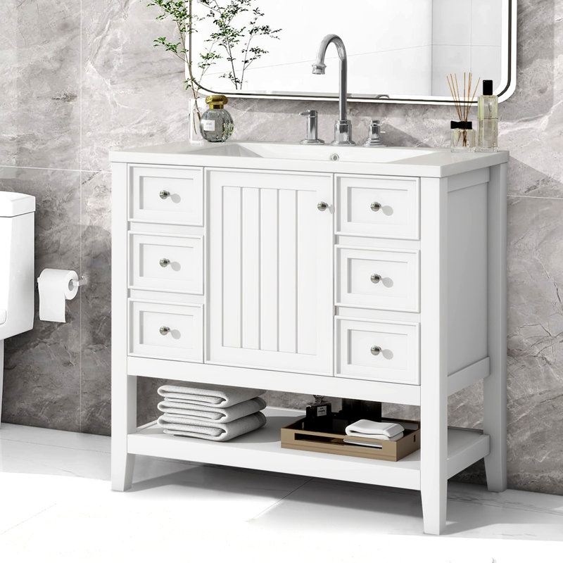 Ensemble de meuble-lavabo avec lavabo, une armoire et trois tiroirs, Blanc