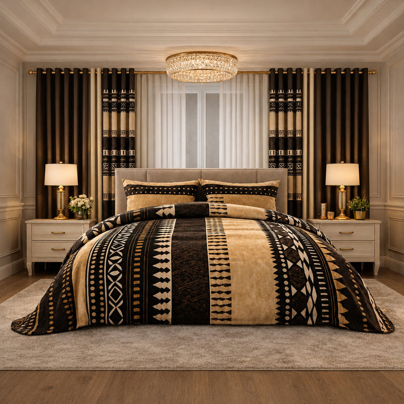 Boho Pattern Bedspread Set with Matching Curtains, Queen, Brown, Queen Bedspread + 8 Additional Pieces