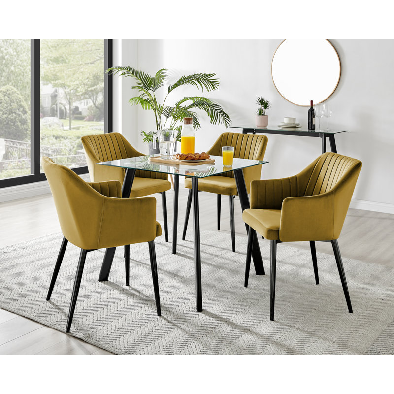 Scandinavian Style Glass and Metal Leg Square Dining Table Set - 4 Modern Velvet Dining Chairs, Yellow/Black