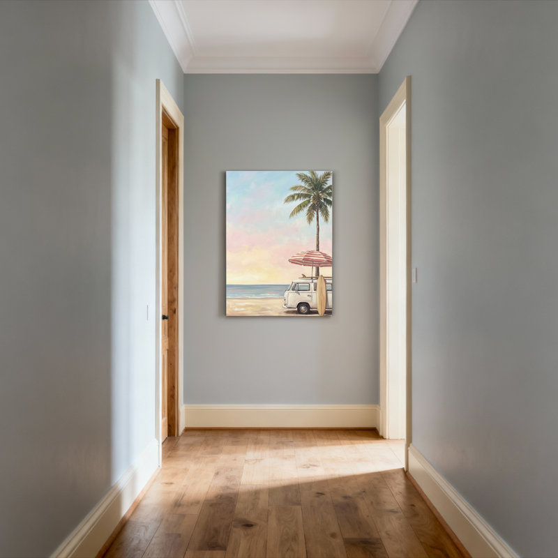 Ensemble de 1 tableau sur toile représentant une camionnette de plage et un palmier, H 18 po x l 12 po