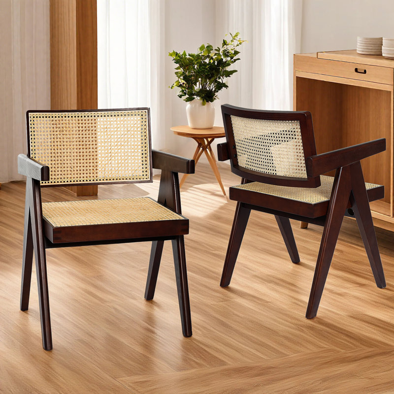 Solid  Retro Wood Rattan Dining Chairs Reinforced Seat (Set of 2), Brown