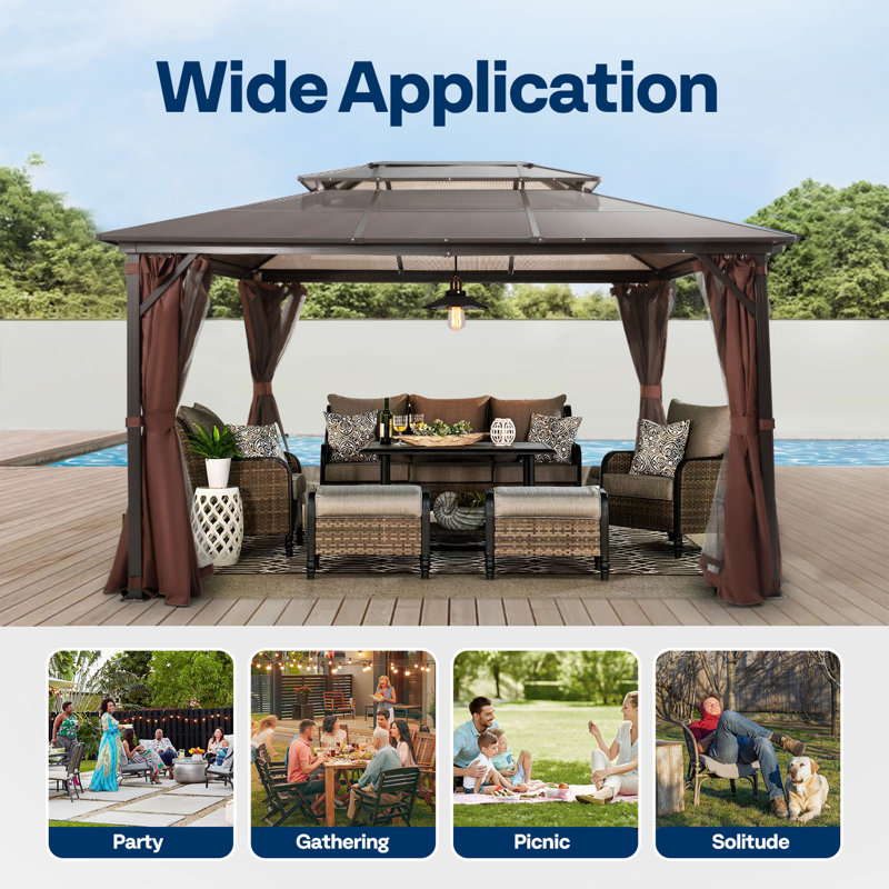 10x13 Brown Aluminum Patio Gazebo with Polycarbonate Roof