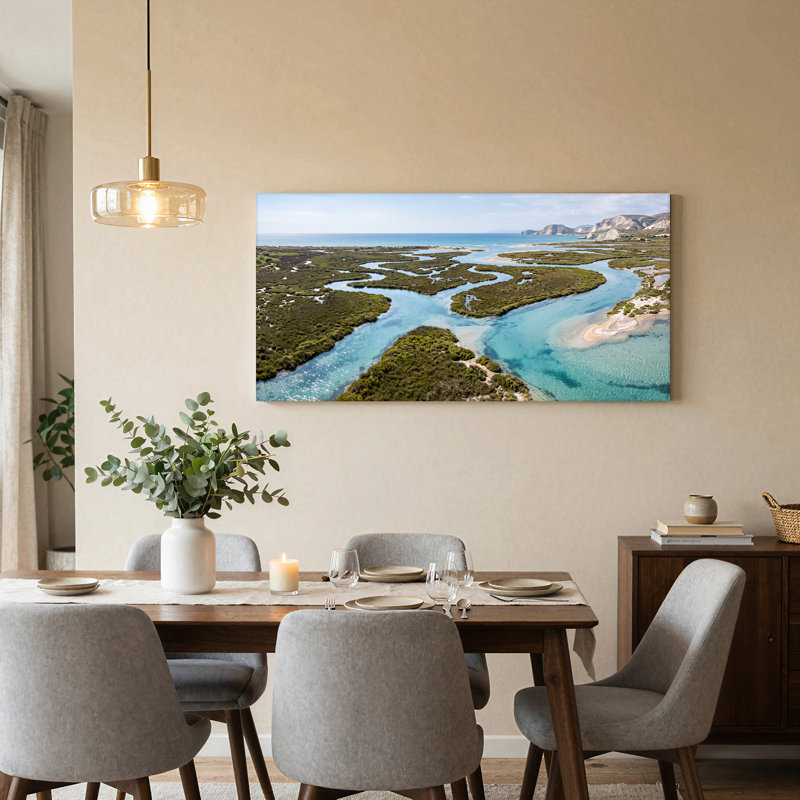 Bord de rivière côtier avec eau turquoise et marais verts, art mural sur toile, L 46 po x H 24 po