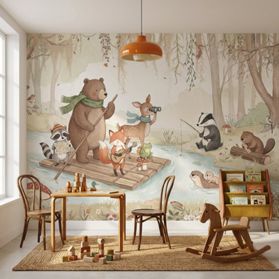 Papier peint fantaisiste, rivière, animaux, rivière