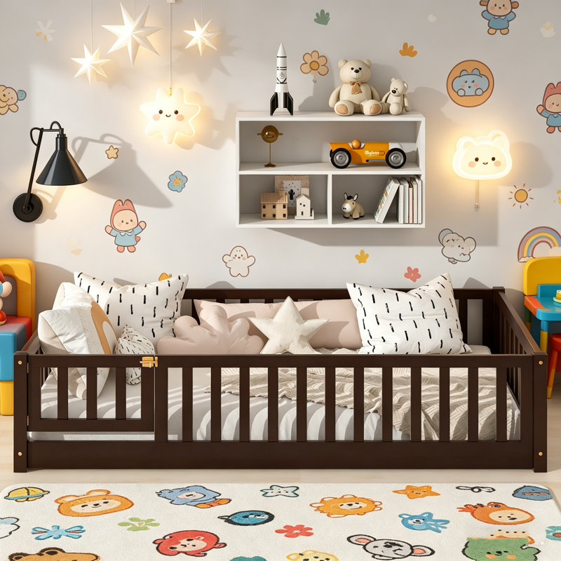 Twin Size Floor Bed, Solid Wood Floor Bed Frame With Safety Fence And Openable Gate, Floor Bed, Natural Wood Toddler Floor Bed Frame For Bedroom