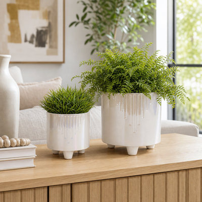 Aedin Stoneware Ceramic Planter Set - 8" & 6" Ivory Tan Pots with Raised Drip Glaze - Indoor/Outdoor Decorative Plant Containers for Home & Garden - Set of 2