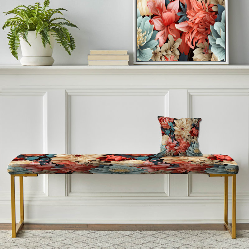 Upholstered Gold Bench, Pink Boho Floral Harmony
