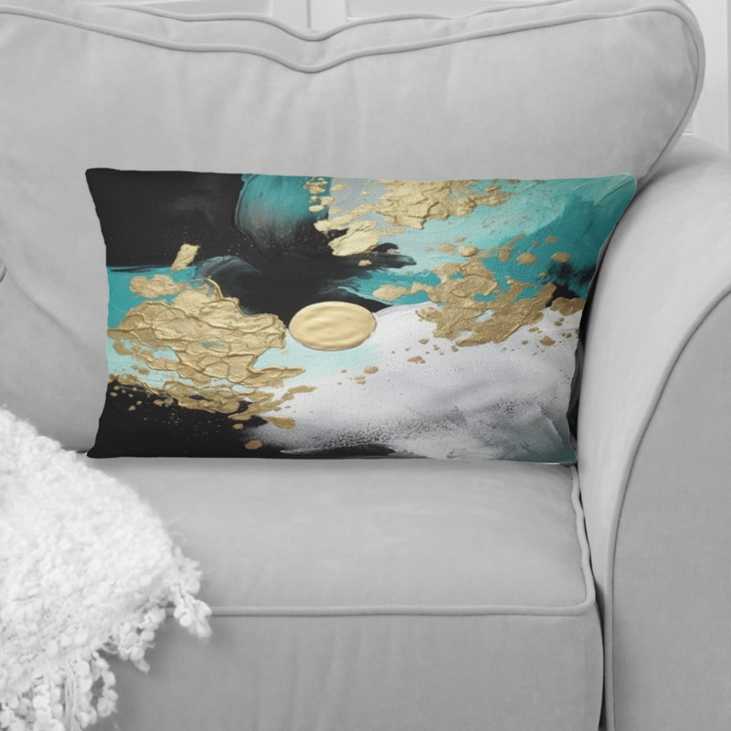 Pleine lune bonheur doré et turquoise abstrait I - Coussin décoratif avec peinture abstraite