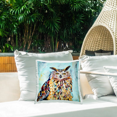 Coussin d'extérieur imprimé Owl Wildlife Vivid Shapes par Jen Seeley