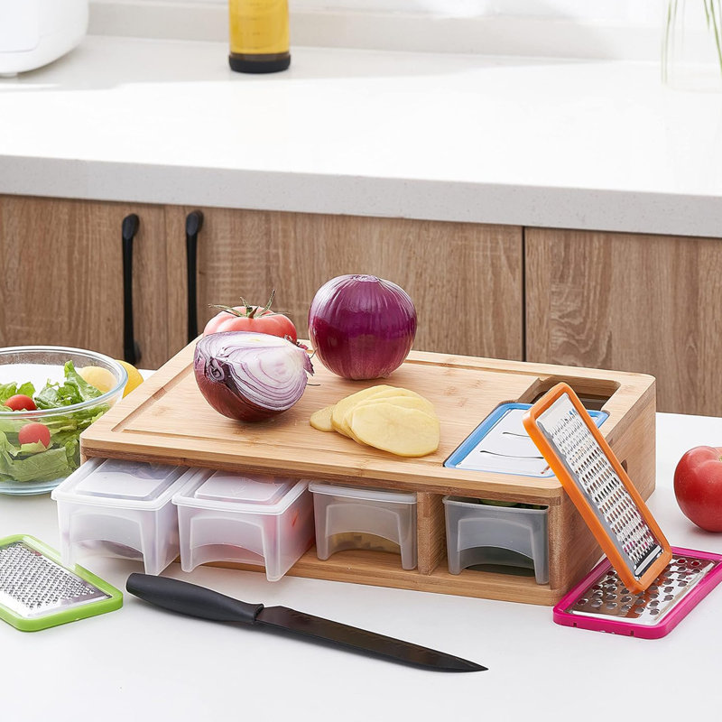 Bamboo Cutting Board with Containers, Lids, and Graters