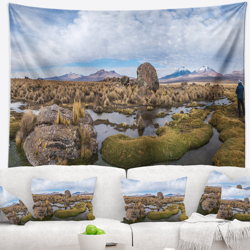 Paysage, volcans de la Bolivie, tapisserie panoramique, H 68 po x l 80 po