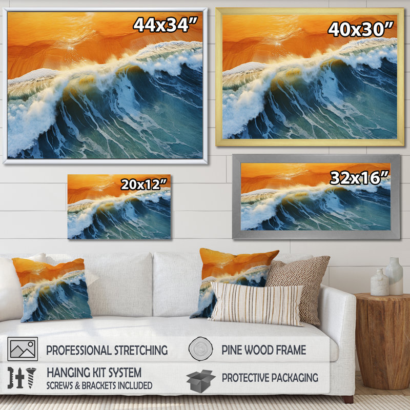 Vue aérienne de la plage bleue et orange III - art mural plage, Cadre de coin blanc fermé, H 30 po x l 40 po x P 1,5 po