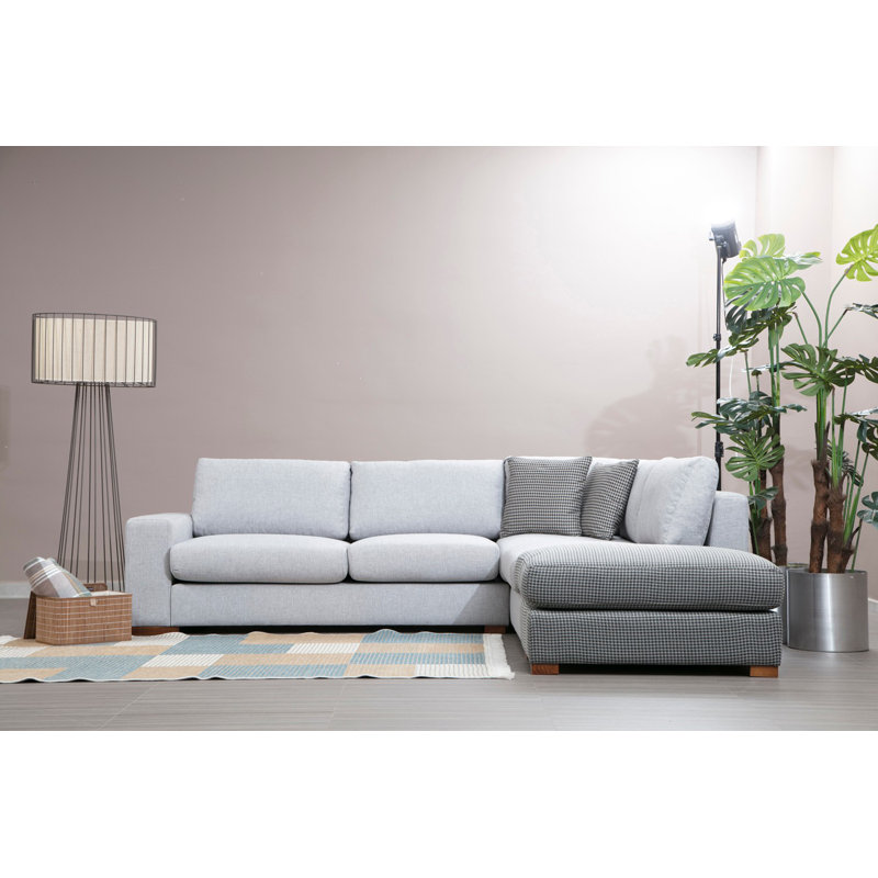 Élégant canapé d'angle avec pouf, gris et gris clair, 97,2 po x 104,7 po x 33,5 po | Structure en bois de hêtre et en carton, tissu 100% polyester | Sièges confortables avec mousse haute densité et silicone | Comprend 2 coussins de 18 po x 18 po