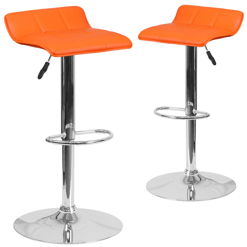 Amp Contemporary Vinyl Adjustable Height Barstool with Quilted Wave Seat, Orange