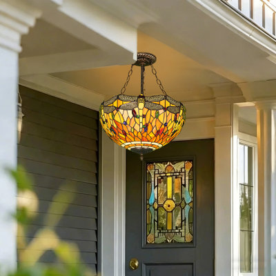 Dragonfly Pattern Tiffany Style Stained Glass Bowl Pendant Light With 3-light E26 Warm Illumination