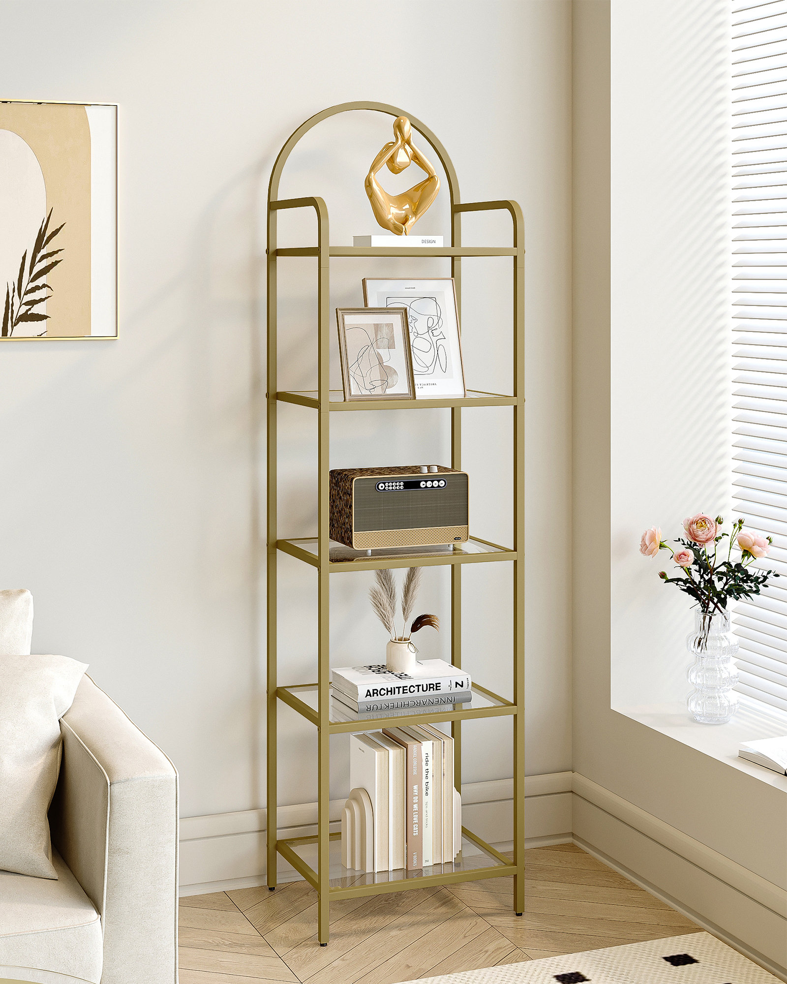 Wrought Studio 5 Tier Ladder Shelf, Tempered Glass Bookcase Bookshelf, Gold  Slim Shelving Unit & Reviews