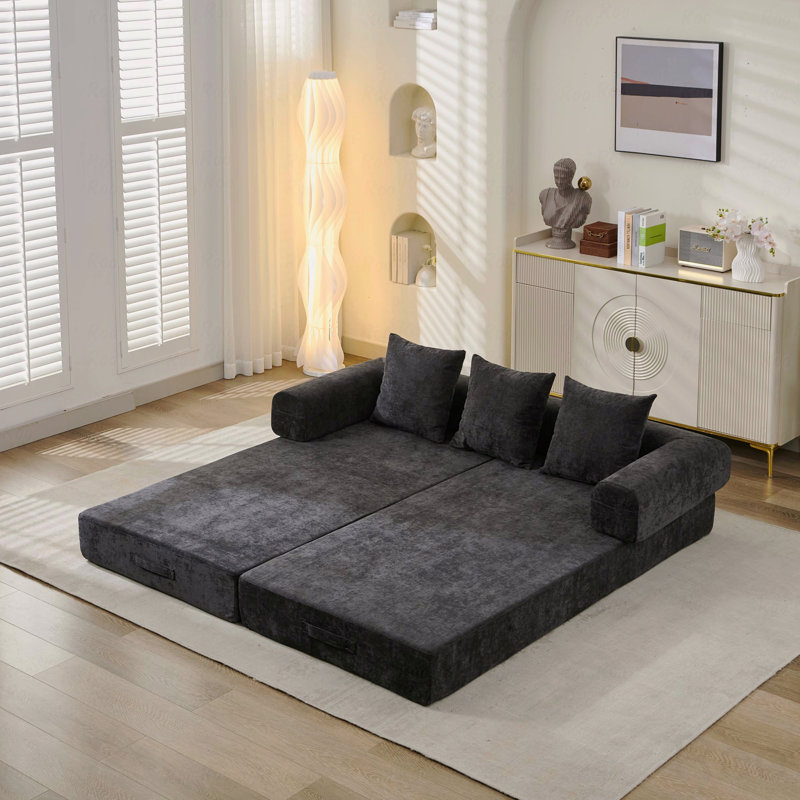 Chenille Convertible Sofa Bed: Foldable Mattress Couch, Floor Lounge, Armrest Support, Black