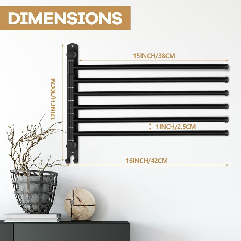 Porte-serviettes pivotant à 6 bras en acier inoxydable 304 noir, fixation murale, design pivotant peu encombrant, acier inoxydable 304 antirouille, crochet inclus