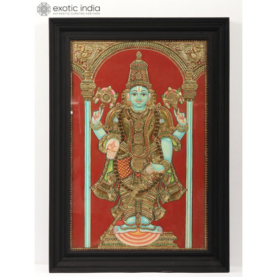 Standing Lord Vishnu Tanjore Painting - Traditional Hindu Religious Wall Art with 24K Gold Work, Framed Spiritual Home Decor 27.5" x 21.5"
