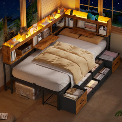 Corner Bed Frame with 6 Drawers and Storage Bookcase Daybed with Charging Station and LED Lights by Wade Logan